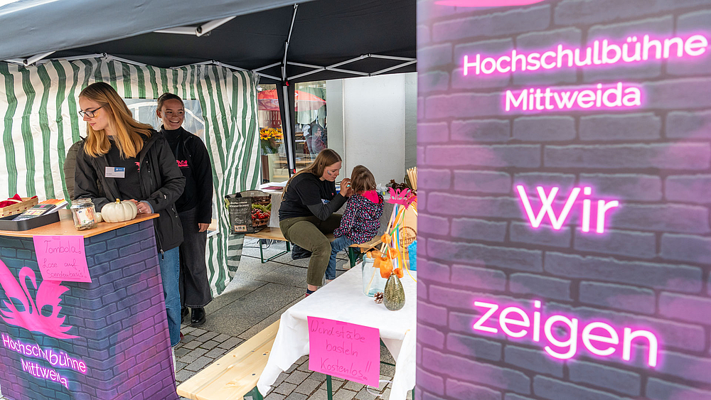 Rechts im Bild steht ein Rollup mit den Aufschriften "Hochschulbühne Mittweida" und "Wir zeigen". Die Texte sind weiß mit pinkem Schatten, der Hintergrund ist in der Optik einer grau-pinken Mauer gehalten. Links im Bild erkennt man drei junge Frauen, eine davon sitze vor einem kleinen Kind und schminkt dessen Gesicht.